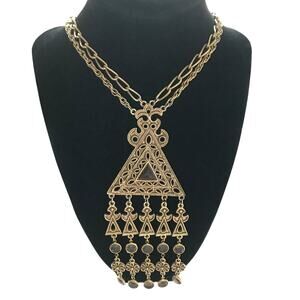 Vintage Goldette Gold Tone Triangle Filigree Pendant Egyptian Victorian Revival